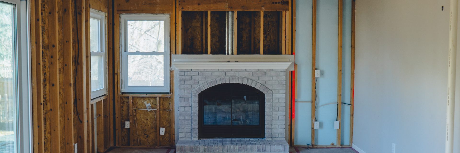 Living room framing around the fireplace part-way through the Fort Collins rebuild